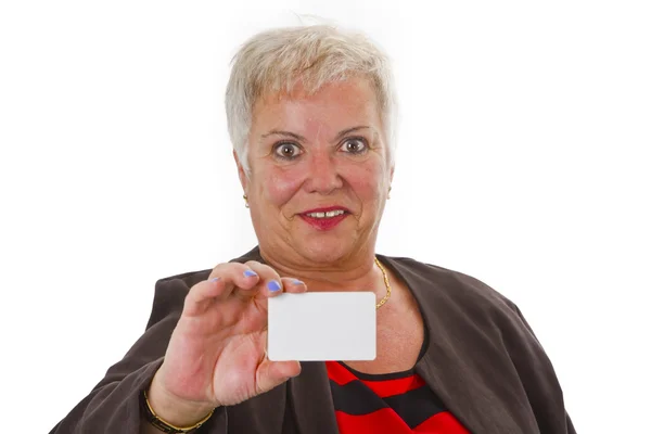 Female senior with business card — Stock Photo, Image