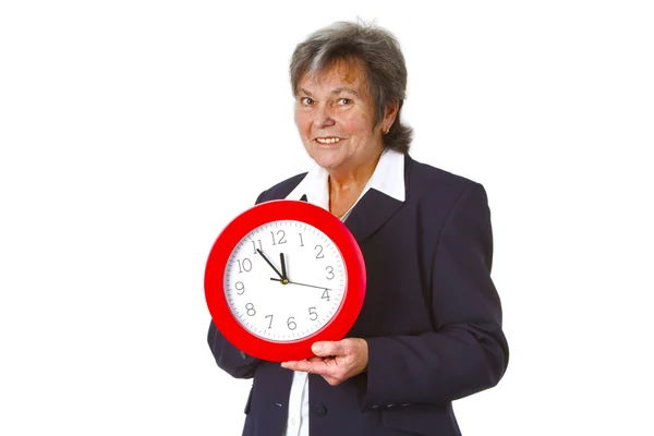 Senior chef håller en rund klocka — Stockfoto
