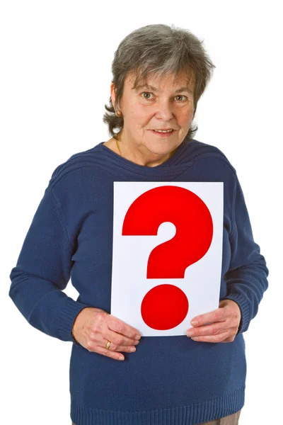 Female senior holding question mark — Stock Photo, Image