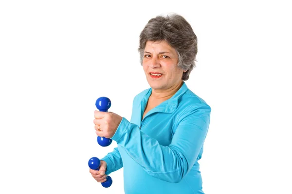 Senior woman with barbells — Stock Photo, Image