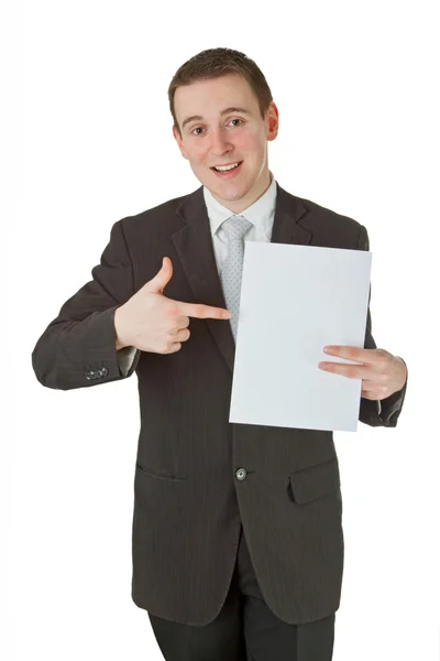 Молодой бизнесмен с белой бумагой — стоковое фото