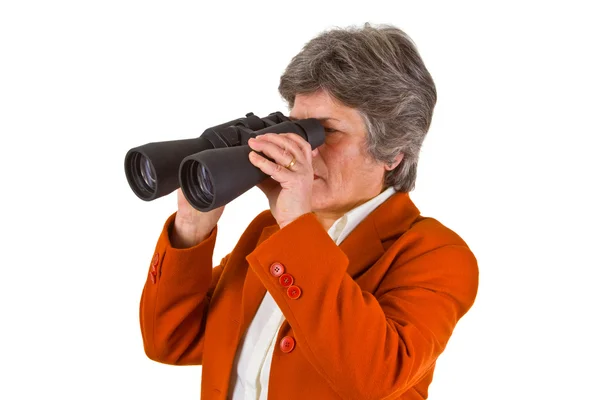 Female senior business woman with binoculars — Stock Photo, Image