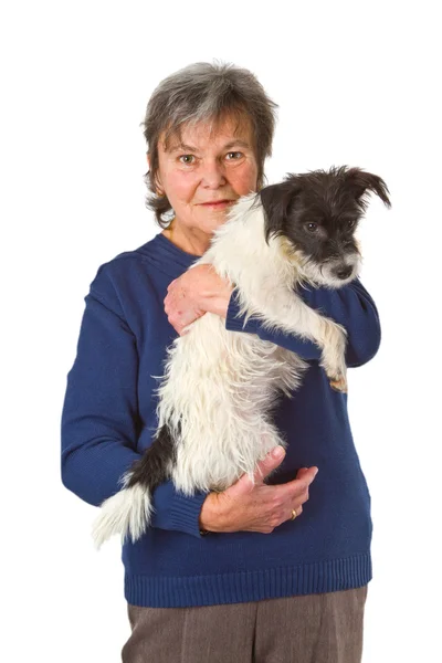 Female senior with puppy — Stock Photo, Image