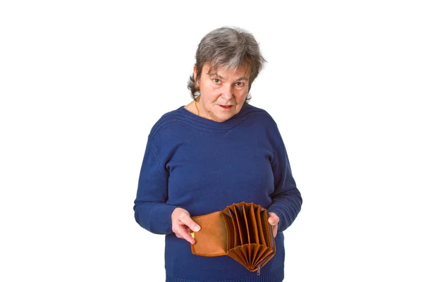 Femme senior montrant portefeuille vide — Photo