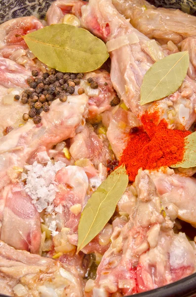 Chicken thighs with pepper, salt and bay leaf — Stock Photo, Image