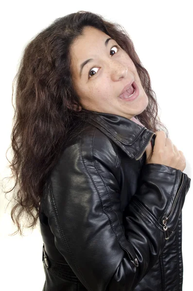 Happy young woman in a leather jacket — Stock Photo, Image