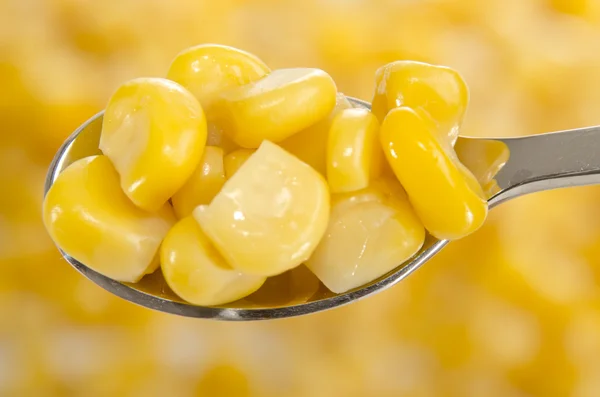 Milho doce dourado em uma pequena colher — Fotografia de Stock