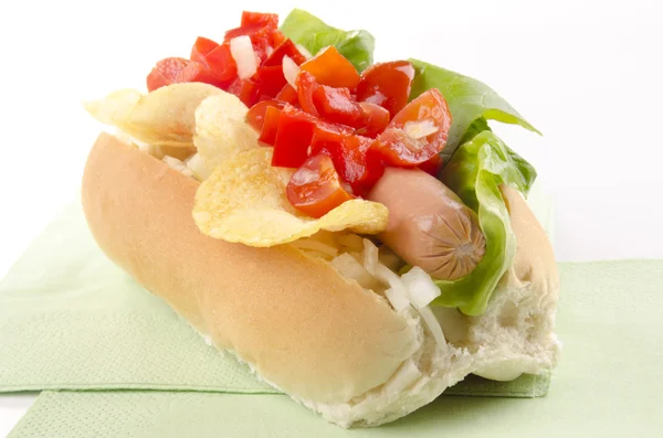 Hotdog with potato chips and tomato relish — Stock Photo, Image