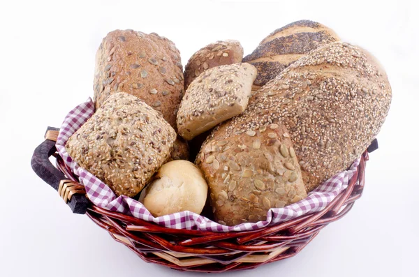 Basked with fresh rolls and freshley baked bread — Stock Photo, Image