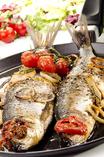 Two grilled sea bass in a pan with tomato and onion — Stock Photo, Image