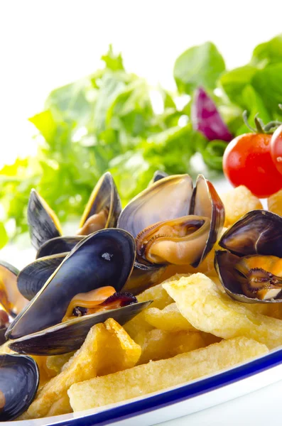 French fries with mussels, a Belgian specialty — Stock Photo, Image