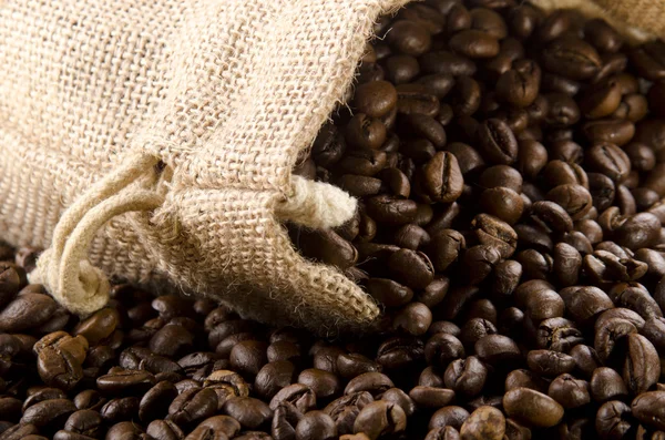 Čerstvě pražená kávová zrna do jutového pytle — Stock fotografie