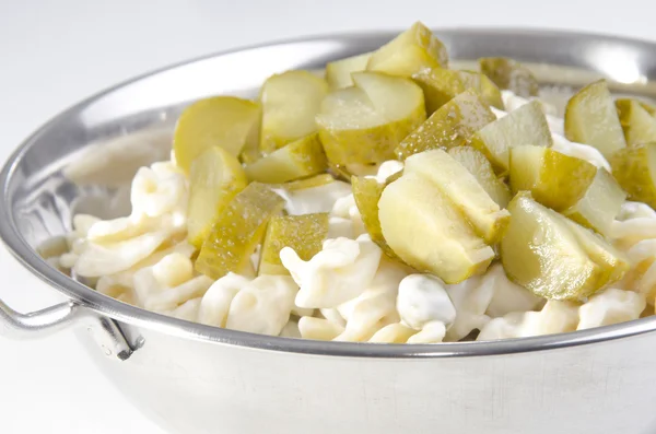 Cold pasta salad with mayonnaise and pickles — Stock Photo, Image