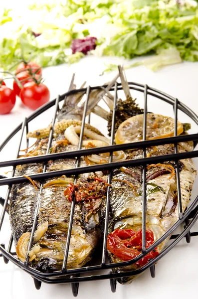 Two grilled sea bass with tomato and garlic — Stock Photo, Image