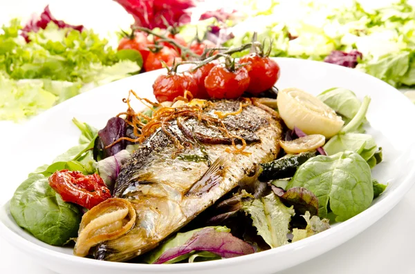 Sea bass on a plate with fresh salad — Stock Photo, Image