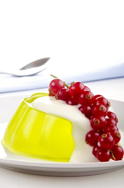 Gele pudding met rode aalbessen — Stockfoto