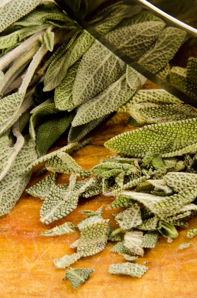 Sage is chopped with a knife cradle — Stock Photo, Image