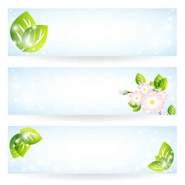 Conjunto de pancartas con hojas verdes y flores — Vector de stock