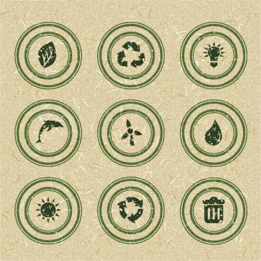 Ecology icons: green stamps on recycled paper clipart