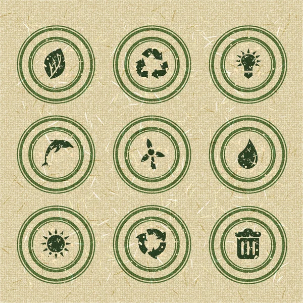 Ecology icons: green stamps on recycled paper — Stock Vector