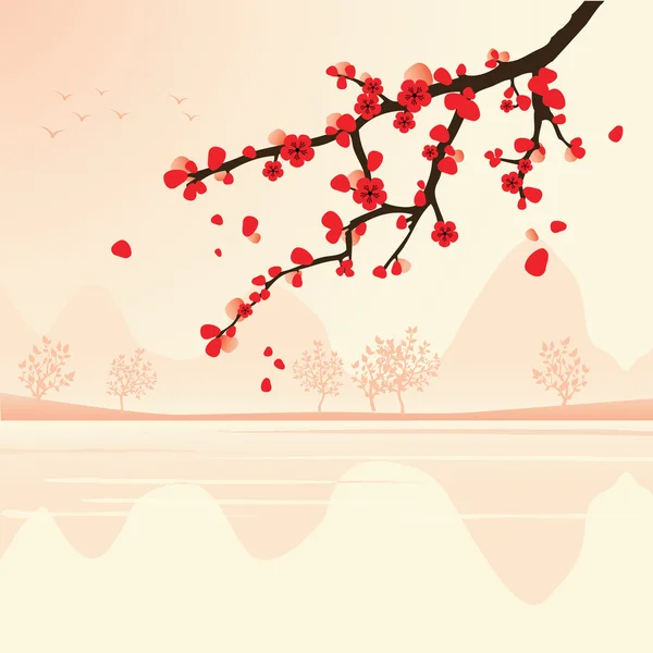 Abstract landschap met sakura branch — Stockvector