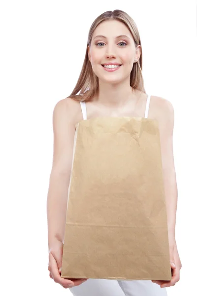 Mujer sosteniendo bolsa de papel de compras — Foto de Stock