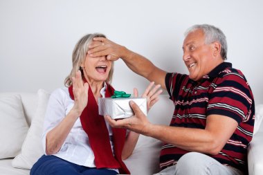 Senior Man Giving Gift to His Wife clipart