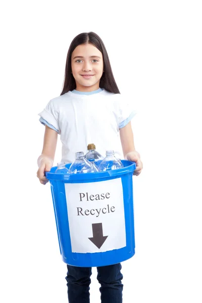 Dziewczynka gospodarstwa w szelkach z recyklingu odpadów — Zdjęcie stockowe