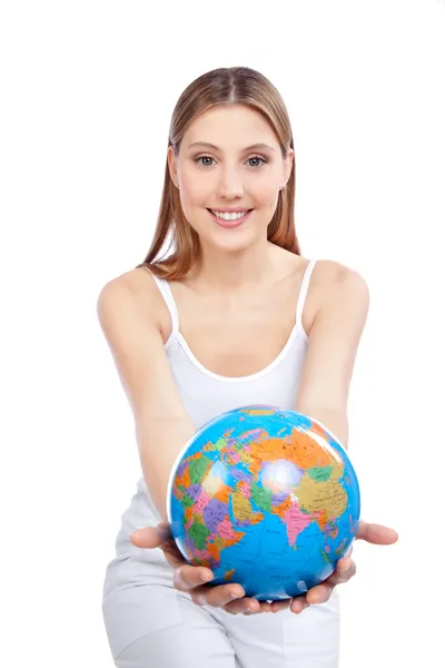 Woman Holding Globe — Stock Photo, Image