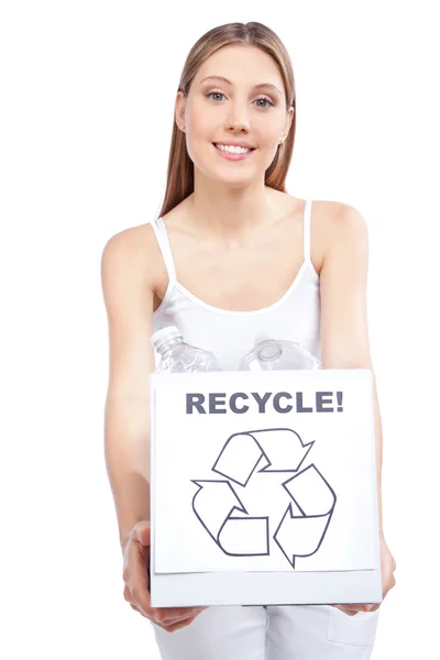 Vrouw bedrijf recycling afval vak — Stockfoto