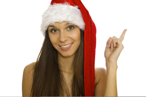 Santa nő felfelé mutató — Stock Fotó