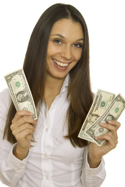 Atractiva mujer de negocios sosteniendo dólares — Foto de Stock