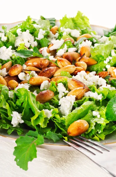 Lettuce, almond and cheese salad closeup — Stock Photo, Image