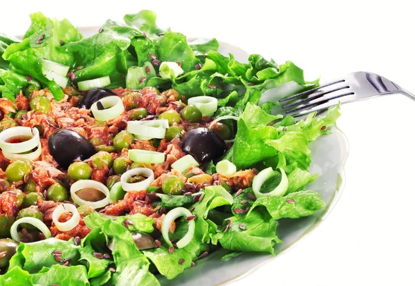 Thunfisch und grüne Bohnen Salat isoliert auf weiß — Stockfoto
