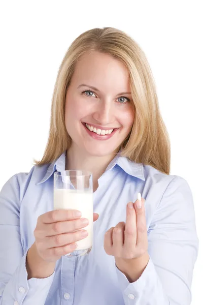 Vrouw weergegeven: lactose intolerantie Tablet PC — Stockfoto