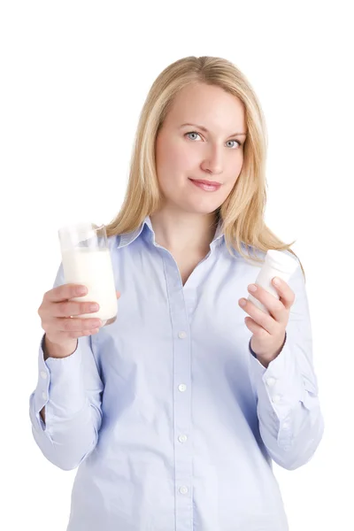 stock image Woman With Lactose Intolerance Holding Tablets