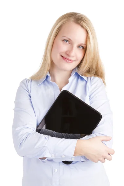 Happy Woman Cuddling Touchpad Tablet — Stock Photo, Image