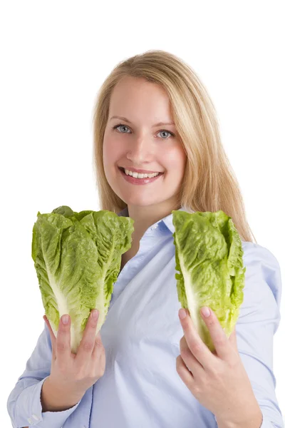 Smiling Blonde Woman Presenting Two Salad Lettuces — Stock Photo, Image