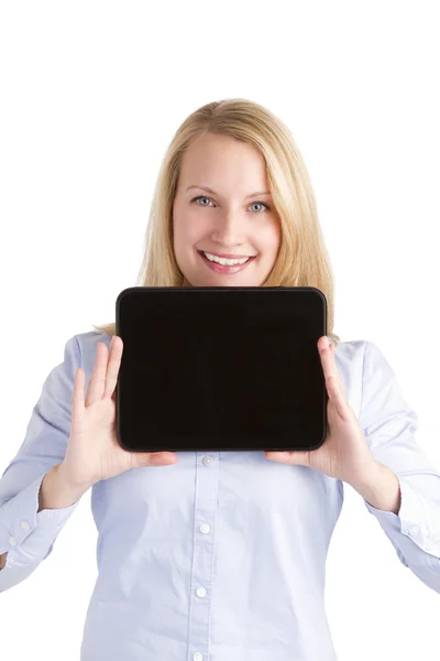 Šťastné Sebevědomá žena drží její touch pad tablet — Stock fotografie