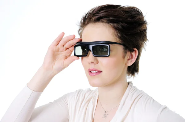 Stock image Woman in 3d glasses watching tv