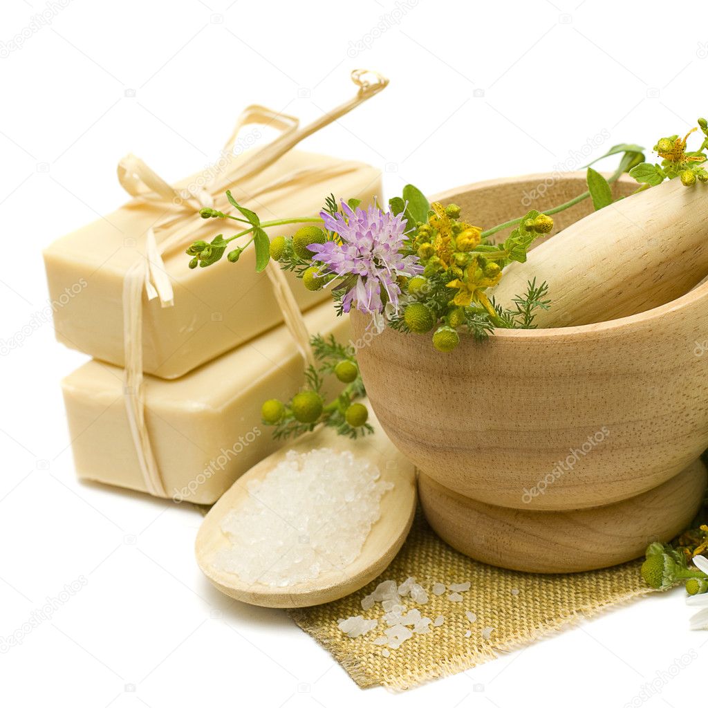 Natural cosmetics - soap, bath salt and medicine herbs
