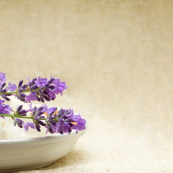 Spa - fondo borroso con sal de baño a base de hierbas y flores — Foto de Stock
