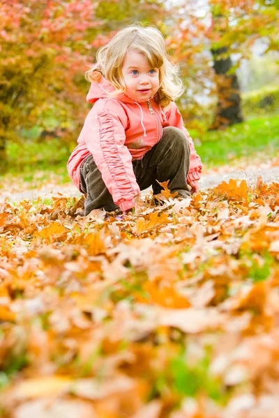 Schattig klein meisje in het park — Stockfoto