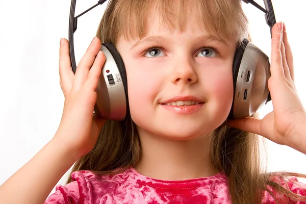 美丽快乐的女孩用耳机 — 图库照片