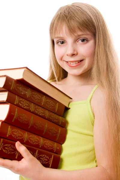 Adolescente chica con pila de libros —  Fotos de Stock