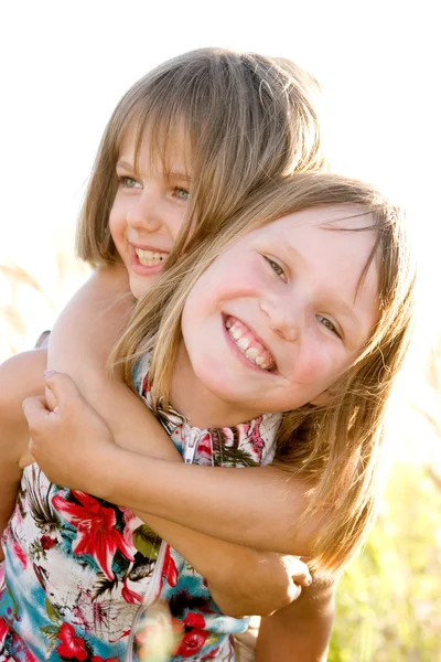 Szczęśliwy małe siostry na lato zielony łąka — Zdjęcie stockowe