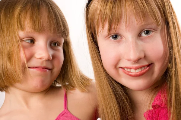 Två vackra lilla leende flickor söker systrar isolerad på w Stockbild
