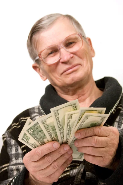 Happy old man holding dollars — Stock Photo, Image
