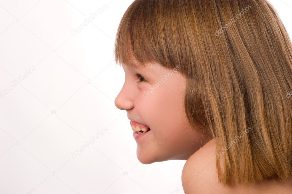 Cute girl side view isolated on white