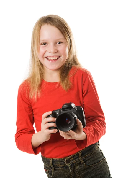 Mooi klein meisje met fotocamera — Stockfoto